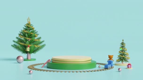 Cilinder Podium Podium Met Geschenkdoos Kerstboom Stoomtrein Speelgoed Teddybeer Geïsoleerd — Stockvideo