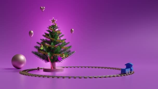 Kerstboom Podium Podium Ornamenten Stoomtrein Vervoer Speelgoed Geïsoleerd Paarse Violette — Stockvideo