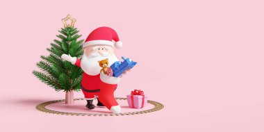 Noel Baba 'lı Noel ağacı, buharlı tren oyuncağı, pembe arka planda gizlenmiş Noel çorapları web sitesi, poster veya mutluluk kartları, Noel afişi, şenlikli yeni yıl resmi, 3D illüstrasyon
