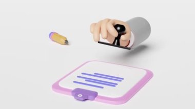 Kare kauçuk onaylı beyaz arka plan kullanan bir işadamı. döngü 3d animasyon, alfa