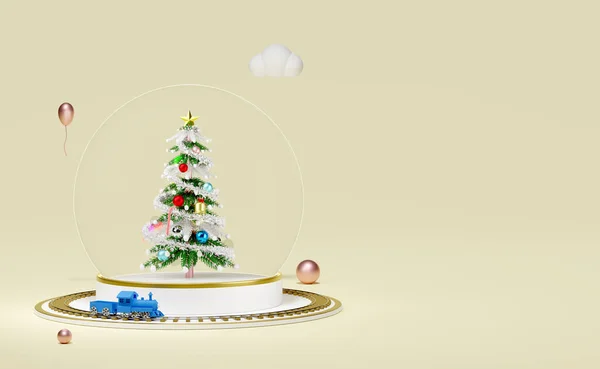 snow globe with christmas tree stage podium, ornaments, steam train transport toy isolated on beige. website, poster, happiness cards, Christmas banner, festive New Year, 3d illustration render