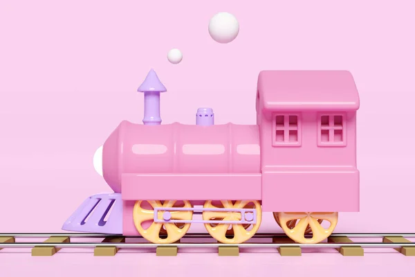 3D火车头与铁路轨道 蒸汽机车运输玩具 夏季旅游服务 规划旅游列车与粉红色背景隔离 侧面视图 3D渲染说明 剪切路径 — 图库照片