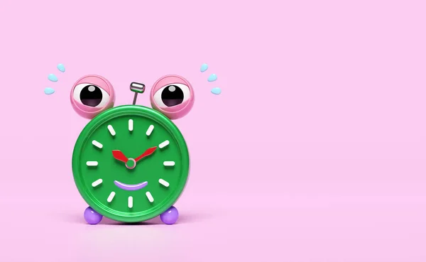Персонаж Мультфільму Зелений Будильник Час Пробудження Вранці Простором Ізольовано Рожевому — стокове фото