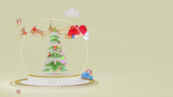 Kula Śnieżna Choinką Święty Mikołaj Mucha Sań Reniferów Zabawka Transportu — Wideo stockowe
