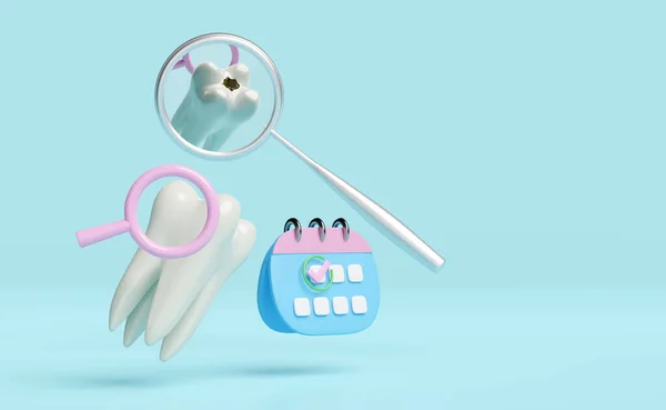 歯科用モル歯モデルと3Dカレンダー チェックマークのアイコン マークされた日付 歯科用ミラーは青に隔離されました 白い歯の健康 歯医者の歯科検査 3Dレンダリングイラスト クリッピングパス — ストック写真