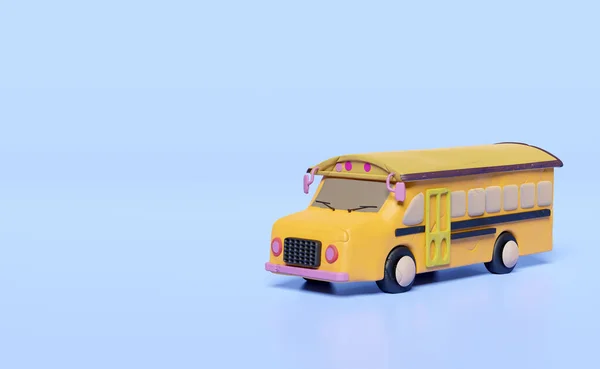 3D塑料黄色校车卡通标志图标 运送学生粘土隔离蓝色背景的车辆 回到学校 3D渲染图解 剪切路径 — 图库照片