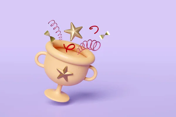 Golden champion cup or trophies with floating star, geometric shapes isolated on purple background. reward cup concept, 3d illustration or 3d render