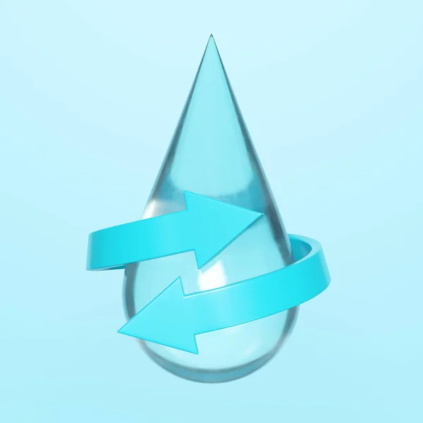 3d water drop icon with arrows around isolated on blue background. water circulation and recycling system, 3d illustration or 3d render