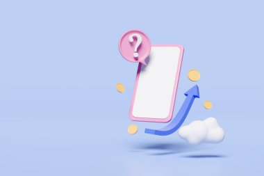 3D akıllı telefon, sosyal medya bildirim simgesi için soru işaretli cep telefonu, mavi arka planda izole borsa yükseltme şeması. SSS iş büyümesi, 3D görüntüleme, kırpma yolu