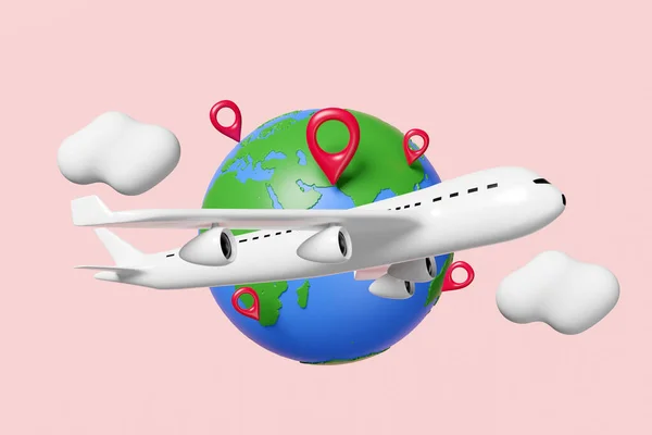 Travel world map with passenger plane, pin, cloud isolated on pink background. air cargo trucking, travel around the world concept, 3d illustration or 3d render, clipping path
