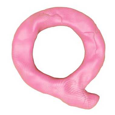 Beyaz arka planda plastisinin Q harfi logo tasarımı var. Pembe Q kil oyuncak şablonu elementler konsepti, 3D illüstrasyon oluşturma, kırpma yolu 