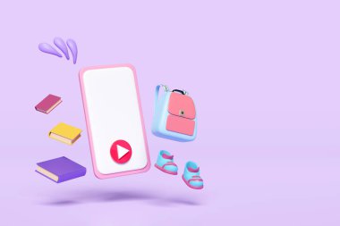 Kitap, sırt çantası, ders kitabı, spor ayakkabısı, ayakkabı, okul çantası ikonu, mor arka planda izole edilmiş üç boyutlu akıllı telefon. Eğitim, internetten öğrenme, okul konseptine dönüş, 3D çizim çizimi, kırpma yolu 