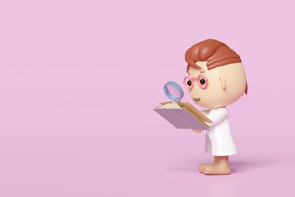 3d cartoon boy character hand hold open book with magnifying glass icon isolated on pink background. studying, researching concept, 3d render illustration, clipping path