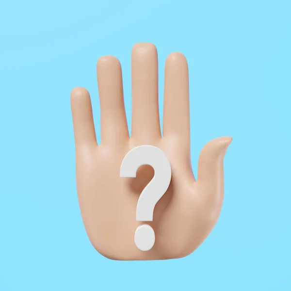 3d hand stop symbol with white question mark isolated on blue background. FAQ, stop questioning concept, 3d render illustration, clipping path