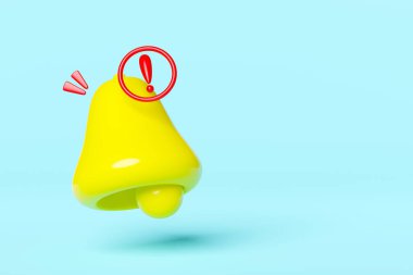3D warning bell notification floating with red exclamation mark isolated on blue background. 3d illustration render, Clipping path