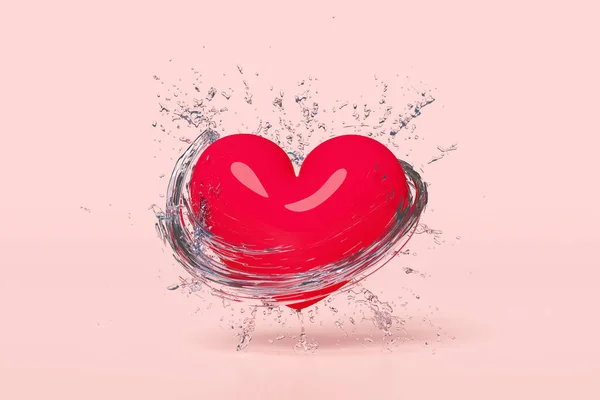 red heart with refreshing water splash isolated on pink background. health love or world heart day or Valentine\'s Day concept, 3d illustration or 3d rende