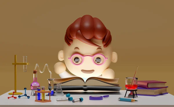3d miniature cartoon scientist boy open magic book with science experiment kit, desk in lab isolated on pink background. room innovative education concept, 3d render illustration