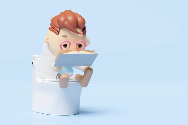 Cartoon Boy Character Sitting Toilet Bathroom Reading Book Isolated Blue — 图库照片