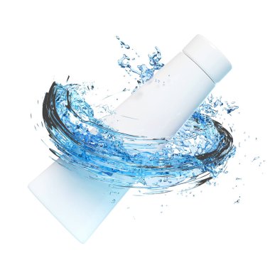 3d toothpaste tube with water splash, clear blue water scattered around for product for dental care, skin care, cosmetic, advertising isolated on white background. 3d render illustration 