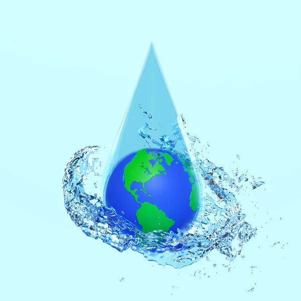 3d world water day concept with earth in water drop, water splash, clear blue water scattered around isolated on blue background. 3d render illustration