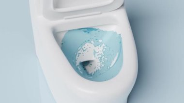 toilet bowl isolated on blue background. powerful suction for thorough cleaning concept, 3d animation, alpha channel