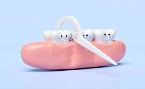 3d showing teeth cleaning food waste with toothpick dental floss isolated on blue background. 3d render illustration, clipping path