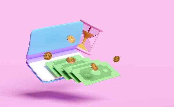 Bankkonto Sparbuch Mit Geldschein Dollarmünze Sanduhr Isoliert Auf Rosa Hintergrund — Stockfoto