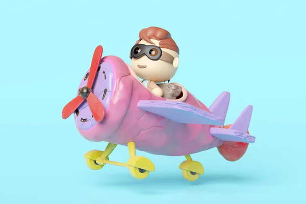 child pilot character from plasticine with pilot glasses, propeller plane on the airport isolated on blue background. clay toy icon concept, 3d render illustration, clipping path