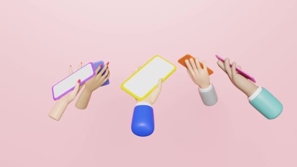 Many Hands Holding Smartphone Spinning Isolated Pink Background Online Social — Vídeo de Stock
