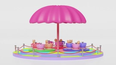3d amusement park concept with tea cup ride isolated on white background. 3d animation, alpha channel