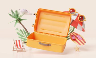 summer travel with open empty suitcase, beach chair, sunglasses, surfboard, umbrella, coconut tree isolated on orange background. concept, 3d illustration render, clipping path
