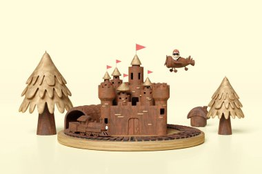 Pilot, pervane uçağı, lokomotif, demiryolu rayları, peyzaj, kale ve kulelerin bulunduğu 3 boyutlu bir lunapark oyuncağı konsepti. 3d resimleme, kırpma yolu