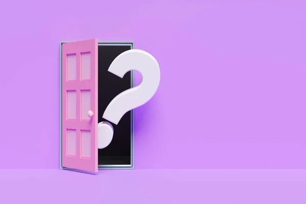 open door with white question mark symbol in dark room, purple walls, mockup template, door or frequently asked questions, minimal concept, 3d illustration or 3d render