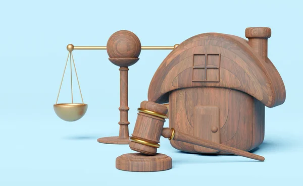 3d wooden judge gavel, hammer auction with stand, justice scales, wood house icon isolated on blue background. law, justice system symbol, auction house concept, 3d render illustration, clipping path