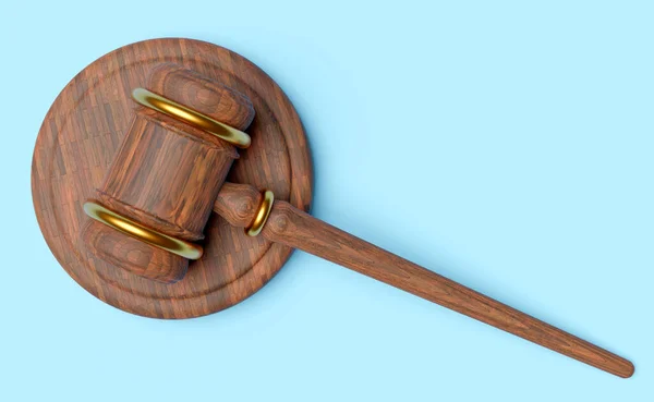 3d wooden judge gavel, hammer auction with stand isolated on blue background. law, justice system symbol concept, 3d render illustration, top view, clipping path