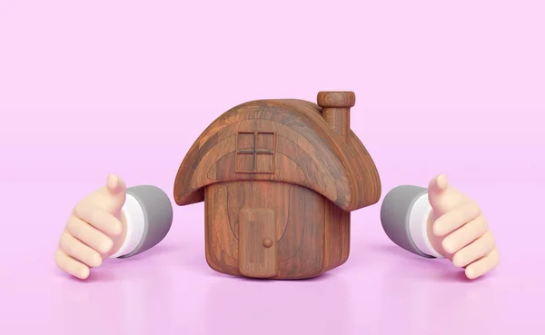 Ręce Biznesmena Chroniące Drewniany Model Domu Odizolowany Różowym Tle Szczęśliwa — Zdjęcie stockowe
