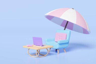 Kitap, kanepe sandalyesi, dizüstü bilgisayarı ve pembe arka planda izole edilmiş şemsiyesi olan 3D sehpa. Yaz tatili konsepti, 3D çizim çizimi, kırpma yolu