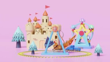 Oyuncak ayı viking gemisi, demiryolu rayları, dönme dolap, manzara, kale, pembe arka planda izole edilmiş kuleler ile 3D lunapark konsepti. 3D animasyon, luma mat