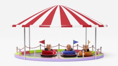 Çarpışan arabalı 3 boyutlu lunapark konsepti, beyaz arka planda izole edilmiş oyuncak ayı. 3D animasyon, Luma Matte