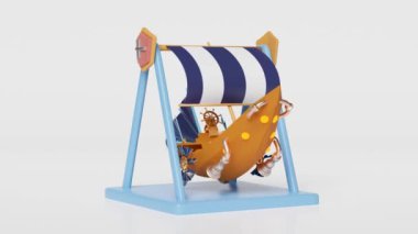 Viking gemisi ile 3 boyutlu lunapark konsepti, beyaz arka planda izole edilmiş oyuncak ayı. 3d animasyon, alfa kanalı