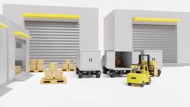 Building Warehouse Forklift Import Export Goods Cardboard Box Pallet Truck — Stock Video