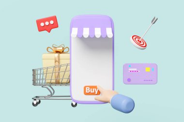 3D mor cep telefonu, önünde mağaza önü olan akıllı telefon, el işareti, alışveriş arabası, sepet, hediye kutusu, mavi üzerine izole edilmiş kredi kartı. çevrimiçi alışveriş, 3D illüstrasyon çizimi, kırpma yolu