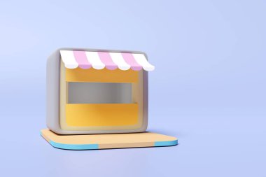 Dükkan simgesi ya da boş dükkan önü mavi pastel arka planda izole edilmiş çizgili tente ile. Girişim bayiliği iş konsepti, 3D render illüstrasyon, kırpma yolu