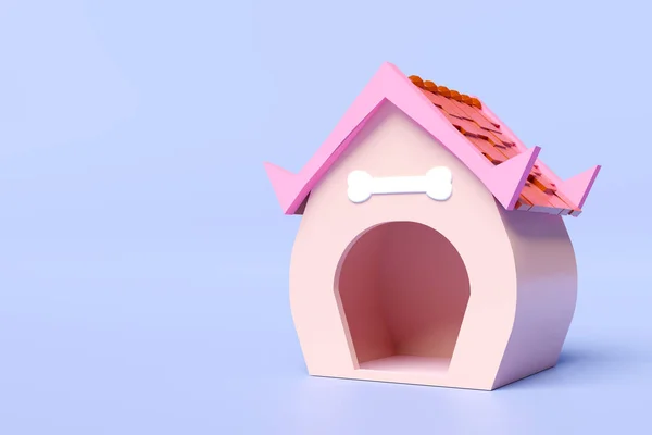 3D粉红狗房子图标和骨头符号隔离在蓝色背景 3D渲染说明 剪切路径 — 图库照片