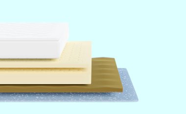 Kumaş, yumuşak sünger, lateks, hafıza köpüğü ve mavi arka planda izole edilmiş 3D 4 katmanlı kumaş döşek. asgari özet, 3d görüntüleme, kırpma yolu