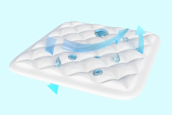 ファブリック 青い背景に隔離された水滴と3次元層シート防水マットレス 3Dレンダリングイラスト クリッピングパス — ストック写真