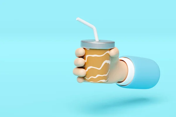 青い背景に隔離された紙やプラスチックのコーヒーカップを持っているビジネスマンの手 3Dレンダリングイラスト クリッピングパス — ストック写真