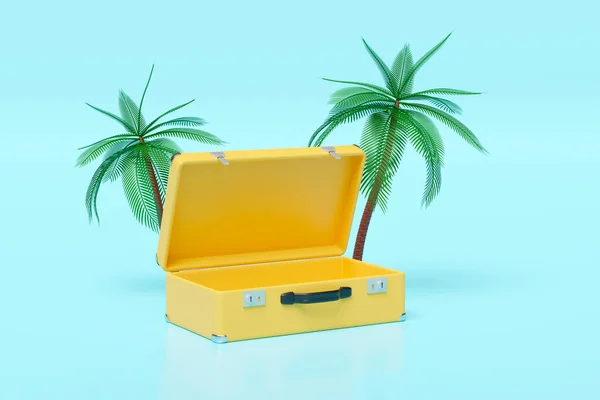 Gele Open Koffer Leeg Met Palmboom Geïsoleerd Blauwe Achtergrond Zomervakantie — Stockfoto