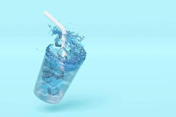 Glas Mit Eiswürfeln Wasserspritzer Trinkhalme Klares Blaues Wasser Auf Blauem — Stockfoto