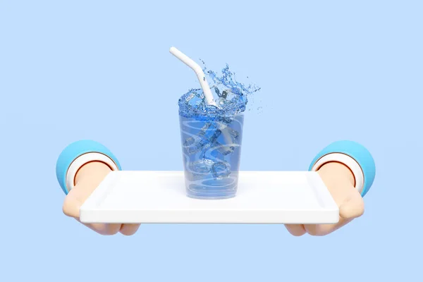 Zwei Hände Halten Weiße Tablett Mit Glas Eiswürfel Wasserspritzer Trinkhalme — Stockfoto
